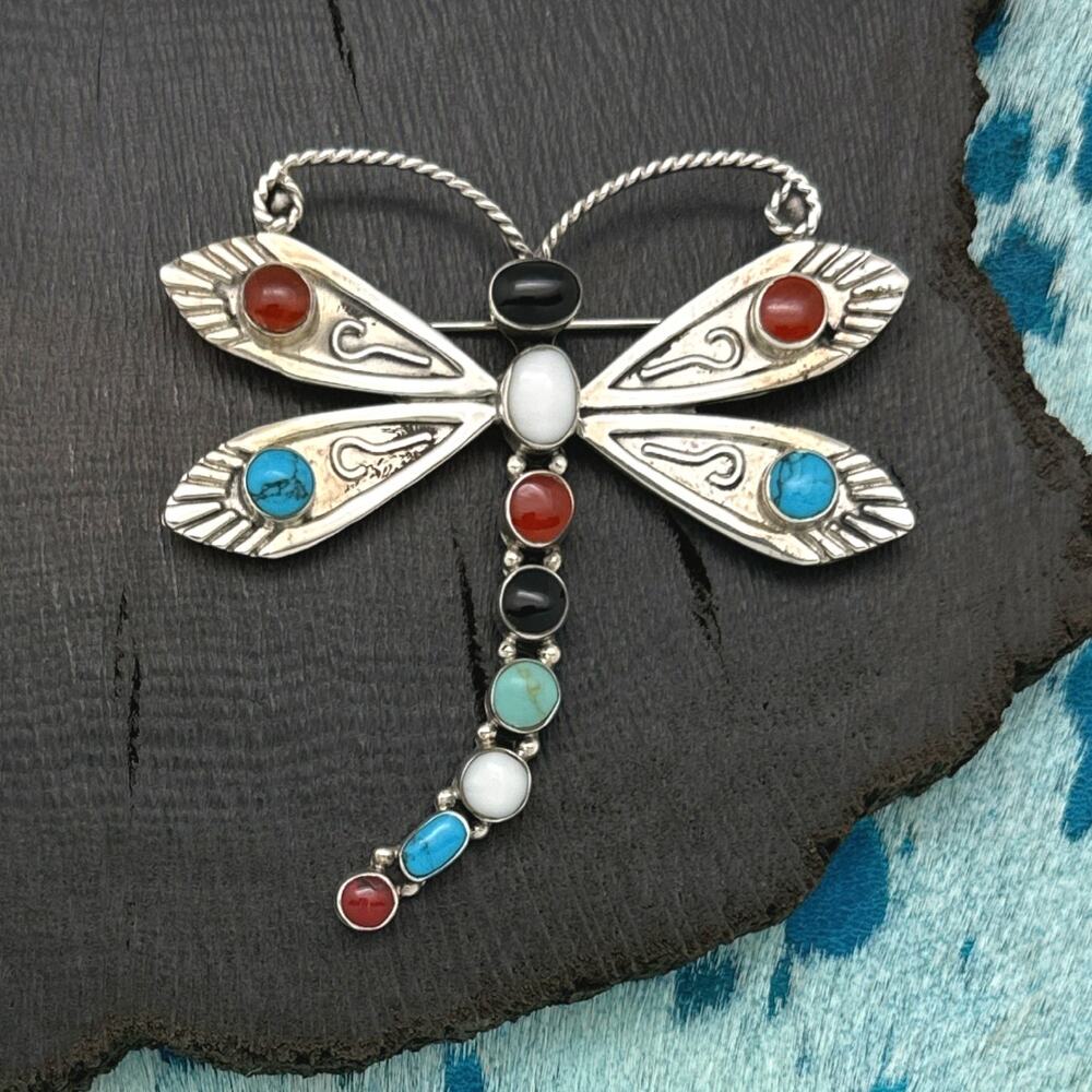 1990s HOUSE OF BANGLES Mexico Large Sterling Silver & Multi-Stone Dragonfly Pin